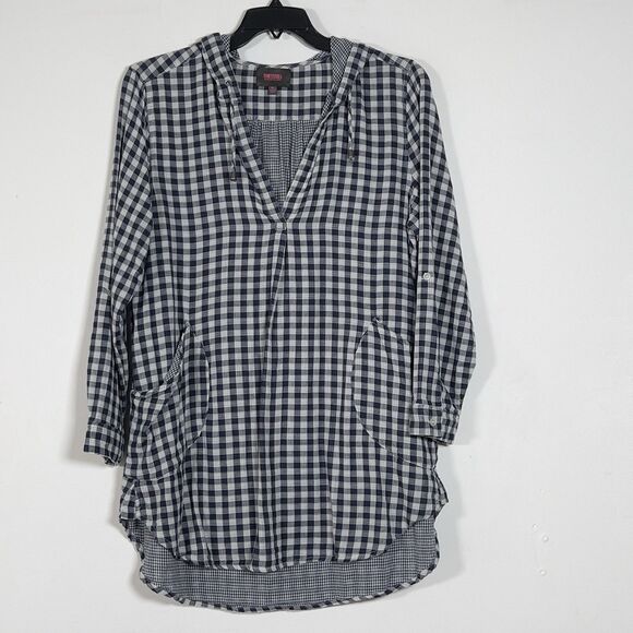 For Cynthia Tops - For Cynthia Beachwear Hooded Tunic Top Sz XL Blue Gingham Roll Tab Sleeve